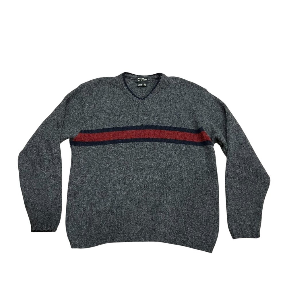 Eddie Bauer Vintage V-neck Wool Sweater, USA, Red Navy Stripe, Charcoal, L Tall